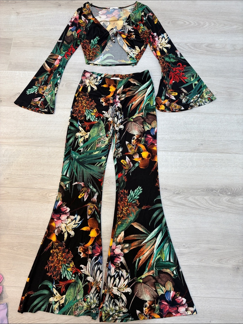 Floral Black Bell Bottom Pants Set - Tropical Print